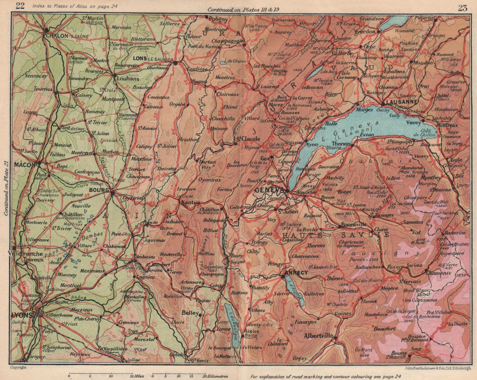 GENEVA GENÈVE GENF environs. Lyons Huate-Savoie Jura Ain Vaud 1930 old map
